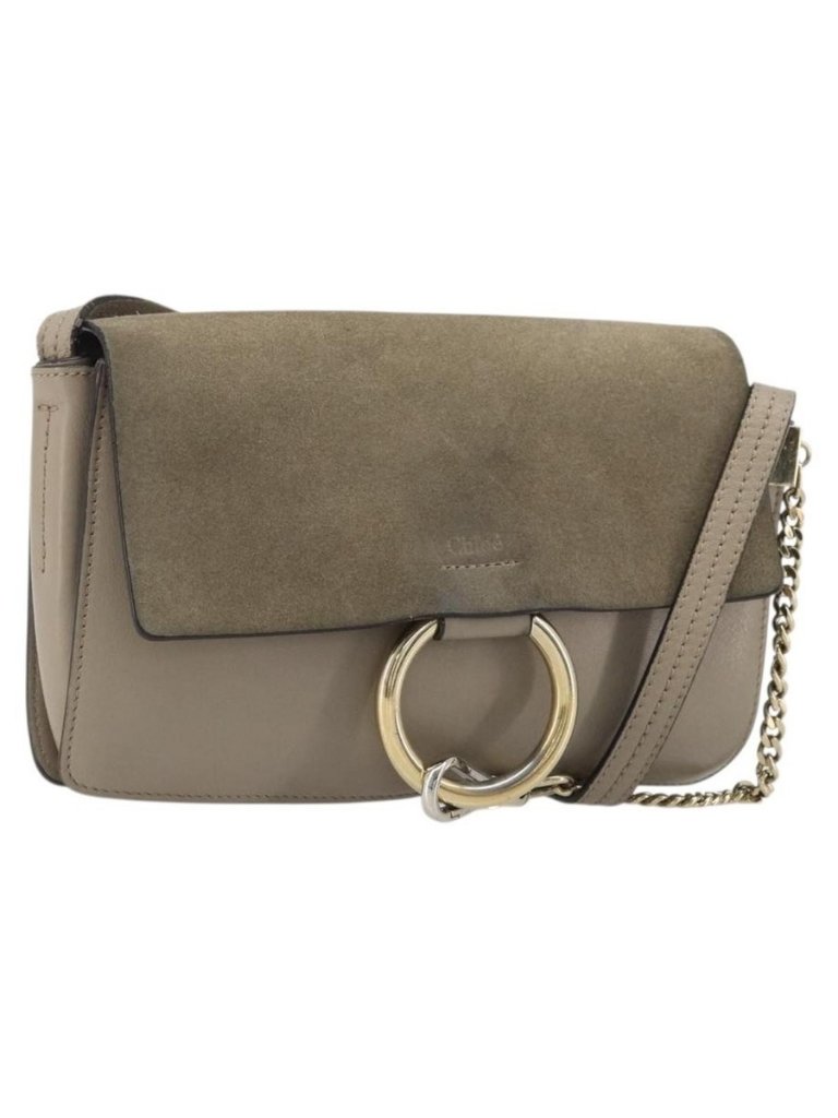 Authentic Chloe Fay Shoulder Bag Leather Suede Gray Gold